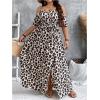 imageOYOANGLE Womens Plus Size Leopard Print Cold Shoulder Wrap V Neck Long Dress Belted Split Thigh DressesBrown