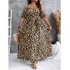 imageOYOANGLE Womens Plus Size Leopard Print Cold Shoulder Wrap V Neck Long Dress Belted Split Thigh DressesBrown and Black