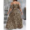 imageOYOANGLE Womens Plus Size Leopard Print Cold Shoulder Wrap V Neck Long Dress Belted Split Thigh DressesBrown and Black