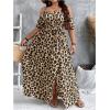 imageOYOANGLE Womens Plus Size Leopard Print Cold Shoulder Wrap V Neck Long Dress Belted Split Thigh DressesBrown and Black