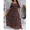 imageOYOANGLE Womens Plus Size Leopard Print Cold Shoulder Wrap V Neck Long Dress Belted Split Thigh DressesDusty Pink