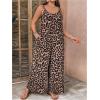 imageOYOANGLE Womens Plus Size Leopard Print Tie Shoulder Jumpsuits Long Pants Romper with PocketBrown