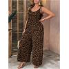 imageOYOANGLE Womens Plus Size Leopard Print Tie Shoulder Jumpsuits Long Pants Romper with PocketMocha Brown