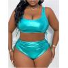 imageOYOANGLE Womens Plus Size Metallic Scoop Neck Bikini Set Drawstring Ruched Swimsuit BeachwearCadet Blue