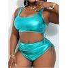 imageOYOANGLE Womens Plus Size Metallic Scoop Neck Bikini Set Drawstring Ruched Swimsuit BeachwearCadet Blue