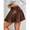 imageOYOANGLE Womens Plus Size PU Leather Ruffle Short Skirts High Waist Pleated Skater Skirt with Built in ShortsBrown