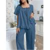 imageOYOANGLE Womens Plus Size Pajama Set Floral Short Sleeve Sleepwear Ruffle Pants 2 Piece Pjs Lounge SetBlue