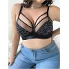 imageOYOANGLE Womens Plus Size Rhinestone Contrast Mesh Bras Wireless Cut Out Everyday BralettesBlack