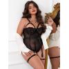 imageOYOANGLE Womens Plus Size Ring Linked Cut Out Sheer Mesh Teddy Bodysuit Garter Lingerie SetBlack
