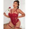 imageOYOANGLE Womens Plus Size Ring Linked Cut Out Sheer Mesh Teddy Bodysuit Garter Lingerie SetLight Burgundy