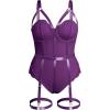 imageOYOANGLE Womens Plus Size Ring Linked Cut Out Sheer Mesh Teddy Bodysuit Garter Lingerie SetPurple