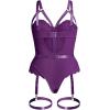 imageOYOANGLE Womens Plus Size Ring Linked Cut Out Sheer Mesh Teddy Bodysuit Garter Lingerie SetPurple