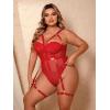 imageOYOANGLE Womens Plus Size Ring Linked Cut Out Sheer Mesh Teddy Bodysuit Garter Lingerie SetRed