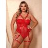 imageOYOANGLE Womens Plus Size Ring Linked Cut Out Sheer Mesh Teddy Bodysuit Garter Lingerie SetRed