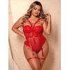 imageOYOANGLE Womens Plus Size Ring Linked Cut Out Sheer Mesh Teddy Bodysuit Garter Lingerie SetRed