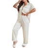 imageOYOANGLE Womens Plus Size Satin Pajama Set Silky Short Sleeve Button Down Tops and Pants Sleepwear LoungewearWhite