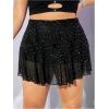 imageOYOANGLE Womens Plus Size Sequin Sparkly Mesh Skirt High Waisted Pleated Sheer Mini SkirtsBlack