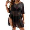 imageOYOANGLE Womens Plus Size Sheer Mesh Split Thigh Beach Cover Up Dress Bathing Suit SwimwearBlack