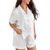 imageOYOANGLE Womens Plus Size Silky Satin Pajamas Short Sleeve Button up Pjs Lounge Sets SleepwearWhite