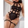 imageOYOANGLE Womens Plus Size Strappy Harness Cut Out Halter Teddy Bodysuits Garter Babydoll LingerieBlack