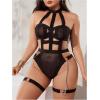imageOYOANGLE Womens Plus Size Strappy Harness Cut Out Halter Teddy Bodysuits Garter Babydoll LingerieBlack