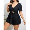 imageOYOANGLE Womens Plus Size Tankini Sets 2 Piece Drawstring V Neck Short Sleeve Swim Dress Bathing SuitsBlack