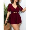 imageOYOANGLE Womens Plus Size Tankini Sets 2 Piece Drawstring V Neck Short Sleeve Swim Dress Bathing SuitsBurgundy