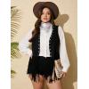 imageOYOANGLE Womens Plus Size Western Wear Cowgirl Outfits Fringe Trim Open Front Sleeveless Faux Suede Vest JacketBlack