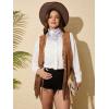 imageOYOANGLE Womens Plus Size Western Wear Cowgirl Outfits Fringe Trim Open Front Sleeveless Faux Suede Vest JacketBrown