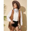 imageOYOANGLE Womens Plus Size Western Wear Cowgirl Outfits Fringe Trim Open Front Sleeveless Faux Suede Vest JacketBrown