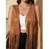 imageOYOANGLE Womens Plus Size Western Wear Cowgirl Outfits Fringe Trim Open Front Sleeveless Faux Suede Vest JacketBrown