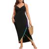 imageOYOANGLE Womens Plus Size Wrap V Neck Sleeveless Pom Pom Trim Beach Dress Cover Up BeachwearBlack