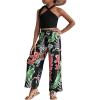 imageOYOANGLE Girls 2 Piece Clothing Sets Outfits Sleeveless Halter Crop Top and Tropical Print Pants SetsBlack Multi