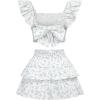 imageOYOANGLE Girls 2 Piece Outfits Boho Ditsy Floral Ruffle Cap Sleeve Bow Top and Layered Ruffle Skirts SetWhite