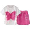 imageOYOANGLE Girls 2 Piece Outfits Butterfly Short Sleeve Tee and Denim Skirts SetsPink and White