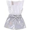 imageOYOANGLE Girls 2 Piece Outfits Button Front Cap Sleeve Blouse with Metallic Belted Shorts SetWhite and Silver
