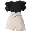 imageOYOANGLE Girls 2 Piece Outfits Crew Neck Ruffle Short Sleeve Top and High Waist Shorts Set with BeltBlack and Beige