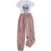 imageOYOANGLE Girls 2 Piece Outfits Graphic Print Short Sleeve T Shirt and Cargo Pants Sets with Flap PocketsPink and White