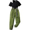 imageOYOANGLE Girls 2 Piece Outfits Letter Graphic Cut Out Tshirt and Belted Jogger Cargo Pants SetBlack and Green