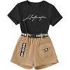 imageOYOANGLE Girls 2 Piece Outfits Letter Graphic Round Neck Tee Shirt and Buckle Belted Shorts SetBlack and Khaki