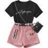 imageOYOANGLE Girls 2 Piece Outfits Letter Graphic Round Neck Tee Shirt and Buckle Belted Shorts SetMulticolor