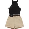 imageOYOANGLE Girls 2 Piece Outfits Rib Knit Halter Tank Top and Wide Leg Belted Shorts SetsBlack and Khaki