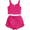 imageOYOANGLE Girls 2 Piece Outfits Sleeveless Rib Knit Notched Neck Crop Tank Top and Shorts Set TracksuitHot Pink