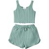 imageOYOANGLE Girls 2 Piece Outfits Sleeveless Rib Knit Notched Neck Crop Tank Top and Shorts Set TracksuitLight Green
