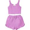 imageOYOANGLE Girls 2 Piece Outfits Sleeveless Rib Knit Notched Neck Crop Tank Top and Shorts Set TracksuitPurple