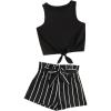 imageOYOANGLE Girls 2 Piece Outfits Summer Tie Knot Tank Top and Paperbag Waist Striped Shorts SetBlack