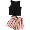 imageOYOANGLE Girls 2 Piece Outfits Summer Tie Knot Tank Top and Paperbag Waist Striped Shorts SetBlack and Pink