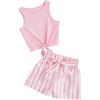 imageOYOANGLE Girls 2 Piece Outfits Summer Tie Knot Tank Top and Paperbag Waist Striped Shorts SetLight Pink