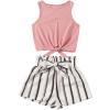 imageOYOANGLE Girls 2 Piece Outfits Summer Tie Knot Tank Top and Paperbag Waist Striped Shorts SetWhite Pink Striped