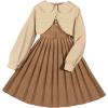 imageOYOANGLE Girls 2 Piece Outfits V Neck Belted Pleated A Line Sleeveless Dress and Long Sleeve Button Down Cardigan SetBrown Beige